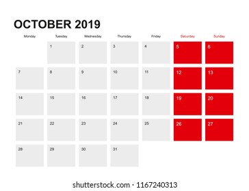 2019 October planner calendar design. Week starts from Monday. Vector illustration.