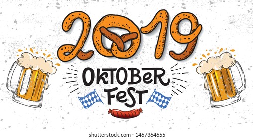 2019 Oktoberfest banner. Vector flat color illustration for German beer festival in Munich. Hand Drawn Lettering with picture of beer mug with foam, pretzel, grill sausage and Bavarian flag. 