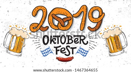 2019 Oktoberfest banner. Vector flat color illustration for German beer festival in Munich. Hand Drawn Lettering with picture of beer mug with foam, pretzel, grill sausage and Bavarian flag. 