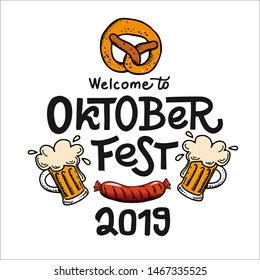 2019 Oktoberfest Emblem. Vector flat illustration for German beer festival in Munich.Lettering with picture of beer mug with foam, sausage, Bavarian flag. For poster, menu, postcard, flyer, badge