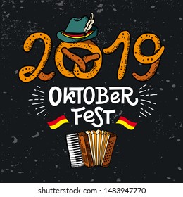 2019 Oktoberfest. Vector flat color illustration for German beer festival in Munich. Hand Drawn Lettering with accordion with Tyrolean hat, pretzel and german flag. Cracks can be removed