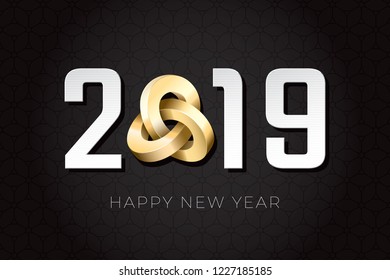 2019 Paper Effect Numerals Logo with Gold Triple Mobius Loop Impossible Figure and Happy New Year Lettering - Golden and White Elements on Wallpaper Background - Vector Gradient Graphic Design