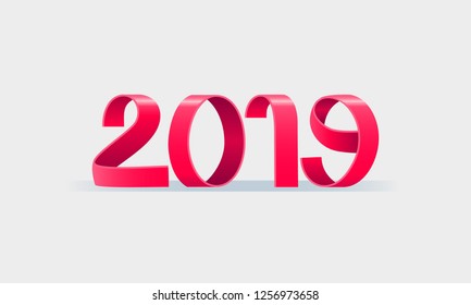 2019 Paper folding number Vector. Red Ribbon. Vector of modern stylized paper font. 3d Elements design. 