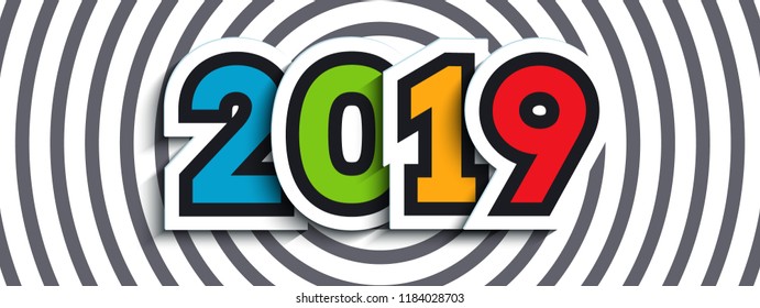 2019 paper text design on circle striped background. Vector greeting illustration with colorful numbers