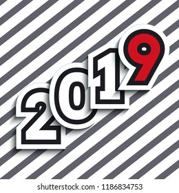 2019 paper text design on striped background. Illustration with white and red numbers