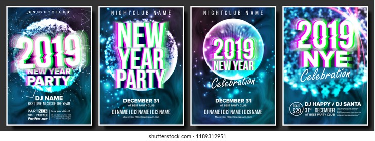 2019 Party Flyer Poster Set Vector. Night Club Celebration. Musical Concert Banner. Happy New Year. Celebration Template. Winter Background. Disco Light. Design Illustration