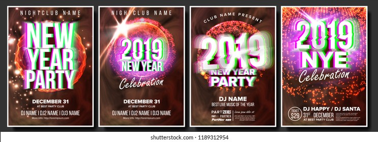 2019 Party Flyer Poster Set Vector. Night Club Celebration. Musical Concert Banner. New Year. Celebration Template. Winter Background. Disco Light. Design Illustration