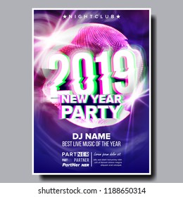 2019 Party Flyer Poster Vector. Happy New Year. Holiday Invitation. Christmas Disco Light. Design Illustration

