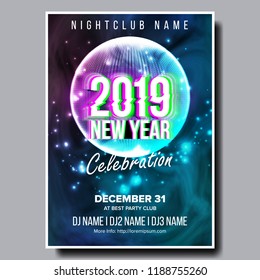 2019 Party Flyer Poster Vector. Happy New Year. Night Club Celebration. Musical Concert Banner. Design Illustration