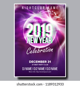 2019 Party Flyer Poster Vector. Happy New Year. Music Night Club Event. Greeting Dance Event. Design Illustration