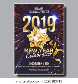 2019 Party Flyer Poster Vector. Happy New Year. Holiday Invitation. Christmas Disco Light. Design Illustration
