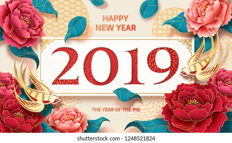 2019 peony new year banner with colorful flowers and golden swallow paper art design 2019 peony new year banner with colorful flowers and golden swallow paper art design
