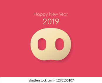 2019 pig nose minimal flat design. Gold on red pink background. Vector 2019 Happy Chinese New Year of the Pig.