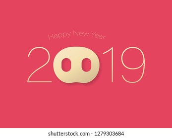 2019 pig nose minimal flat design. Gold on red pink background. Vector 2019 Happy Chinese New Year of the Pig.