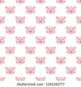 2019 pig seamless flat style design cute cartoon pattern vector illustration isolated on white background. Symbol of new year pink piglet pig head backdrop wrapping, fabric or funny texture pattern.