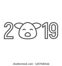 2019 pig year thin line icon, celebration and christmas, calendar sign, vector graphics, a linear pattern on a white background, eps 10.