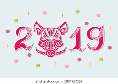 2019 and Pig's Head isolated on background. Pig's or Boar's head as logo, badge, icon. Template for party invitation, greeting card, pet shop, web. Pig is Symbol of Chinese New Year 2019