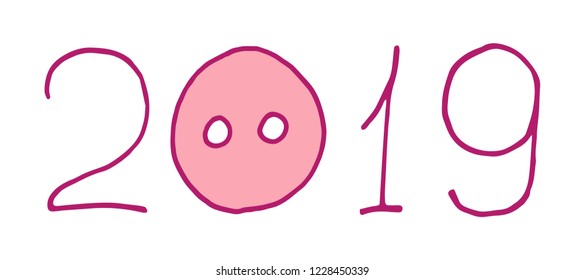 2019 pink Cute baby pig text. Piggy piglet nose. Happy New Year Chinise symbol. Cartoon hand drawn doodle vector character.