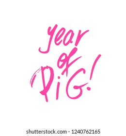 2019 Pink Hand drawn Lettering with Year of Pig Slogan or Phrase. Isolated Brushlettering Scribbles. Use for Laser Cut and Christmas Gift Banner Design. Vector Concept