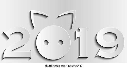 2019 pink sign of NEW YEAR.  Pig nose and ears. Paper design. Vector illustration. Eps10.