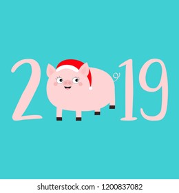 2019 pink text. Cute fat pig in santa hat. Piggy piglet. Happy New Year Chinise symbol. Cartoon funny kawaii smiling baby character. Flat design. Blue background. Isolated. Vector illustration