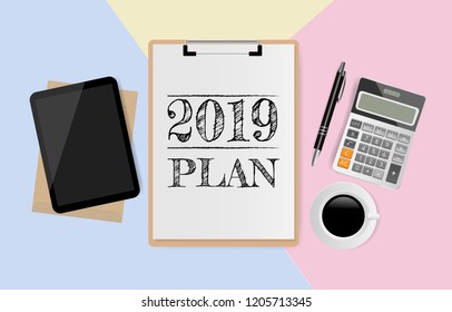 2019 PLAN on white paper with office supplies on pastel color background. Vector illustration