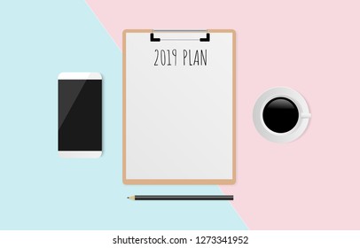 2019 PLAN text on white paper with pencil, coffee cup and smart phone on pastel background. Vector illustration