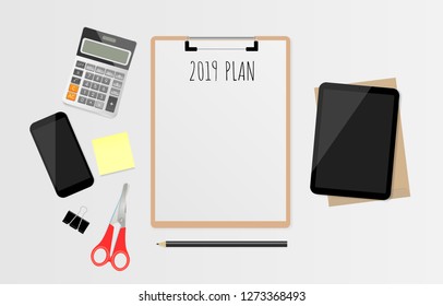 2019 plan text on white paper with office supplies on gray background. Vector illustration