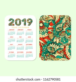 2019 Pocket Calendar Basic Grid. Vector Vertical Orientation. White Printable Template. Colorful Doodles Numbers. Week starts on Sunday. Xmas or New Year Theme, Christmas Poster Design