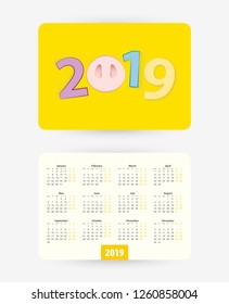 2019 pocket calendar with colorful numbers of year 2019, week starts on monday.