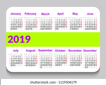 2019 pocket calendar in English. Template calendar grid. Horizontal orientation. Week starts on Monday. White background with space for text. Vector illustration.