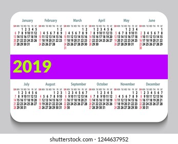 2019 pocket calendar in English. Template calendar grid. Horizontal orientation. Week starts on Sunday. White background. Vector illustration.