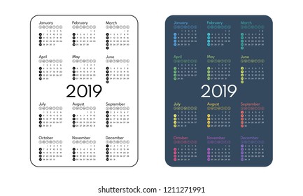 2019 pocket calendar, first day sunday, vector illustration