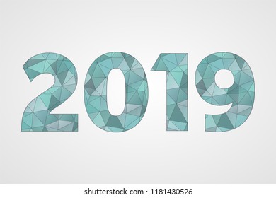 2019 poly vector symbol. Happy New Year abstract triangle illustration for decoration, celebration, winter holiday, infographics, business, calendar. Decorative blue and grey geometric icon