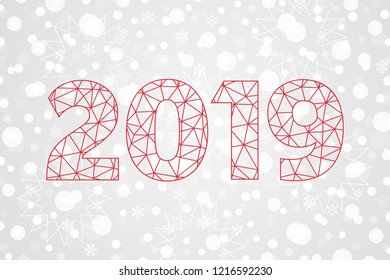 2019 poly vector symbol. Happy New Year abstract triangle icon on snowflakes background. Illustration for decoration, celebration, winter holiday, design