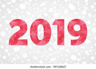 2019 polygonal vector symbol. Happy New Year abstract triangle illustration. Decorative red geometric icon on grey white gradient background with snowflakes, snow, sparkles