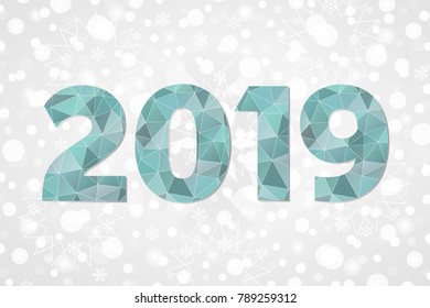2019 polygonal vector symbol. Happy New Year abstract triangle illustration. Decorative blue geometric icon on grey white gradient background with snowflakes, snow, sparkles