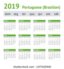 Calendario Portugués Americano 2019. La semana empieza el domingo