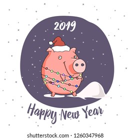 2019 postcard with a piggy a white background. Happy New Year card design.