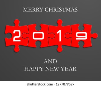2019 Puzzle banner presentation. Abstract puzzle happy new year infographic template. Vector 4 pieces puzzles merry christmas illustration. Section 2019 New Year compare service banner background