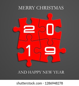 2019 Puzzle banner presentation. Abstract puzzle happy new year infographic template. Vector 4 pieces puzzles merry christmas illustration. Section 2019 New Year compare service banner background