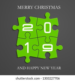 2019 Puzzle banner presentation. Abstract puzzle happy new year infographic template. Vector 4 pieces puzzles merry christmas illustration. Section 2019 New Year compare service banner background