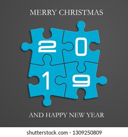 2019 Puzzle banner presentation. Abstract puzzle happy new year infographic template. Vector 4 pieces puzzles merry christmas illustration. Section 2019 New Year compare service banner background