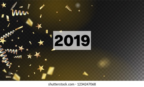2019 Realistic Gold Tinsel Confetti, Flying Foil Blast. Horizontal Magic Night Sky Background. Cool Sparkling Christmas, New Year, Birthday Party Holiday Frame. Realistic Gold Tinsel Confetti