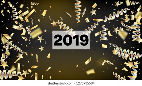 2019 Realistic Gold Tinsel Confetti, Flying Foil Blast. Horizontal Magic Sparkles Background. Cool Premium Christmas, New Year, Birthday Party Holiday Frame. Realistic Gold Tinsel Confetti