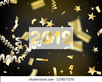 2019 Realistic Gold Tinsel Confetti, Flying Foil Blast. Horizontal Stars Night Sky Background. Cool Glamour Christmas, New Year, Birthday Party Holiday Scatter. Realistic Gold Tinsel Confetti