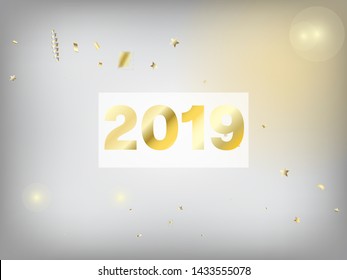 2019 Realistic Gold Tinsel Confetti, Flying Foil Blast. Cool Glamour Christmas, New Year, Birthday Party Holiday Border. Horizontal Magic Particles Background. Realistic Gold Tinsel Confetti