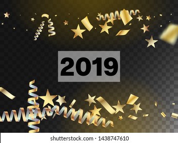 2019 Realistic Gold Tinsel Confetti, Flying Foil Blast. Horizontal Mystical Explosion Background. Cool Luxury Christmas, New Year, Birthday Party Holiday Banner. Realistic Gold Tinsel Confetti