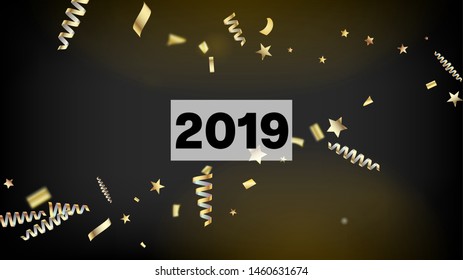 2019 Realistic Gold Tinsel Confetti, Flying Foil Blast. Cool Platinum Christmas, New Year, Birthday Party Holiday Garland. Horizontal Magic Explosion Background. Realistic Gold Tinsel Confetti