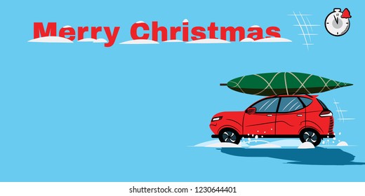 2019. Red Car Carrying a Christmas Tree, Watch With a Bell. Inscription Merry Christmas. Red Car on Blue Background. Copy Space, Icon, Symbol, Stock Vector Illustration.